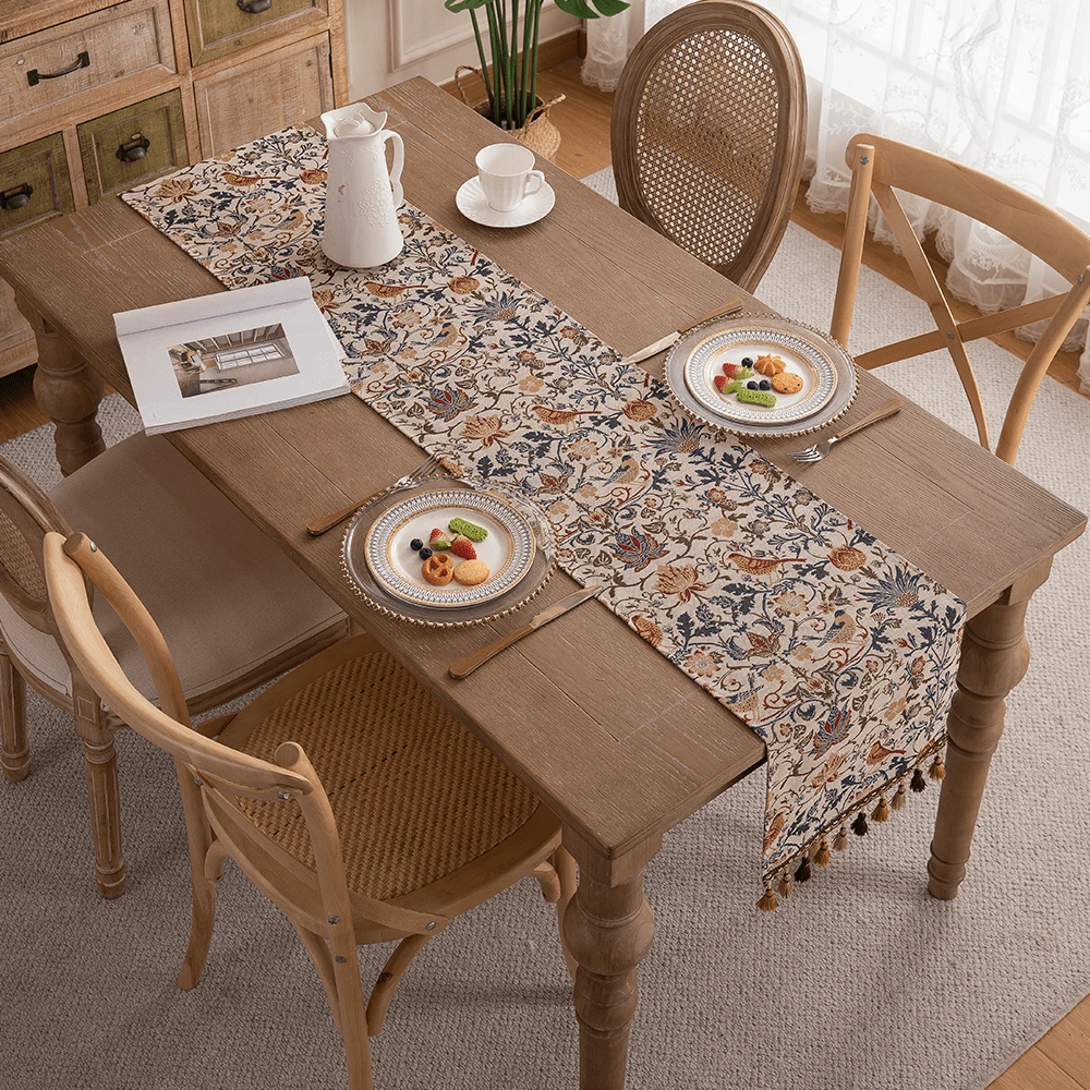 1 peça Passadeira de Mesa com Estampa Jacquard Tecida de Flores e Pássaro Gralha com Borlas, a Cor e a Quantidade das Borlas são Aleatórias - Multicolorido - Visão 6