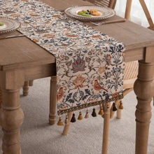 1 tấm khăn trải bàn họa tiết hoa và chim ác là dệt Jacquard có tua rua, màu tua rua và số lượng ngẫu nhiên - Nhiều màu - Xem 2