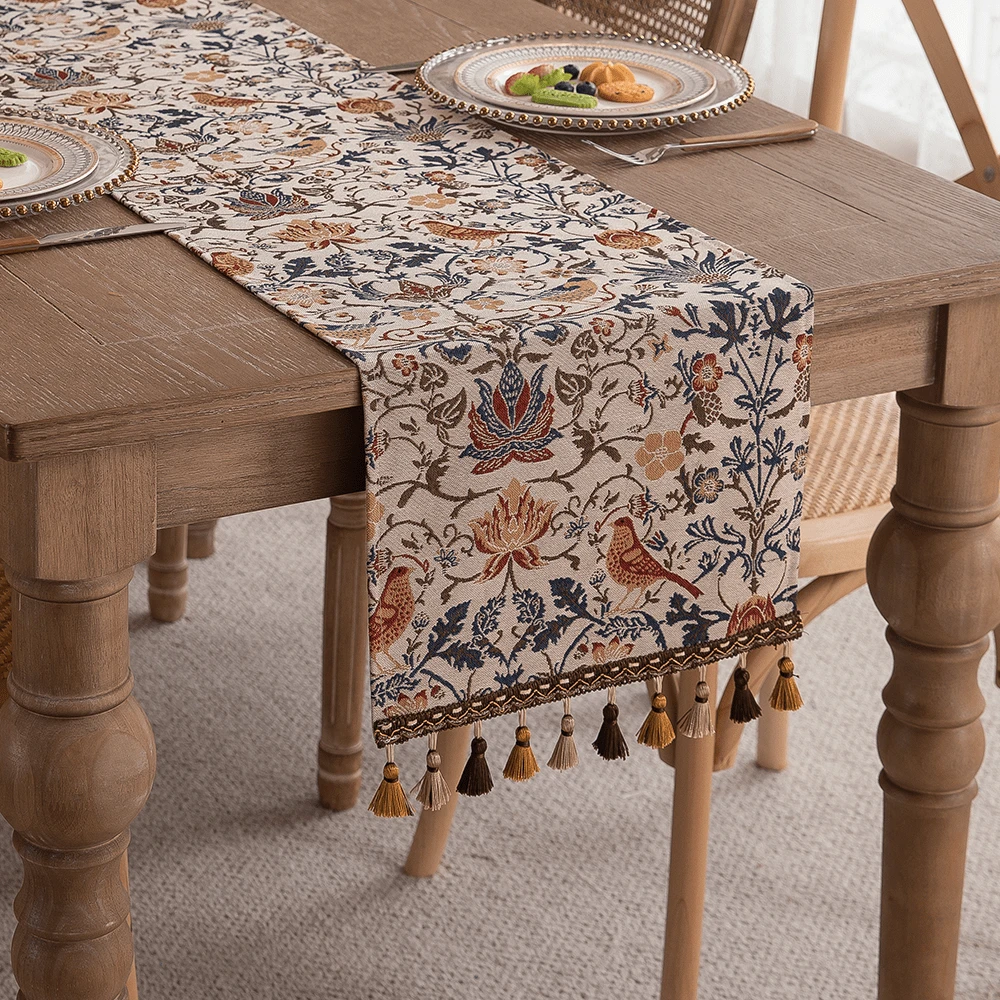 1 peça Passadeira de Mesa com Estampa Jacquard Tecida de Flores e Pássaro Gralha com Borlas, a Cor e a Quantidade das Borlas são Aleatórias - Multicolorido - Visão 2
