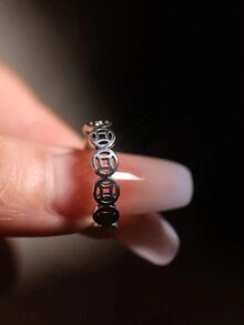 1 件 925 纯银镂空圆形硬币设计戒指，复古锈蚀风格男女通用时尚嘻哈朋克摇滚派对配饰 - 銀色 - 查看 2