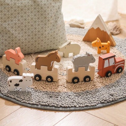 9pcs/Set Wooden Farm Animal Stacking Toys For Kids, Children Early Learning Educational Toys, Cartoon Farm Animals Playset (Cow, Sheep, Rabbit)