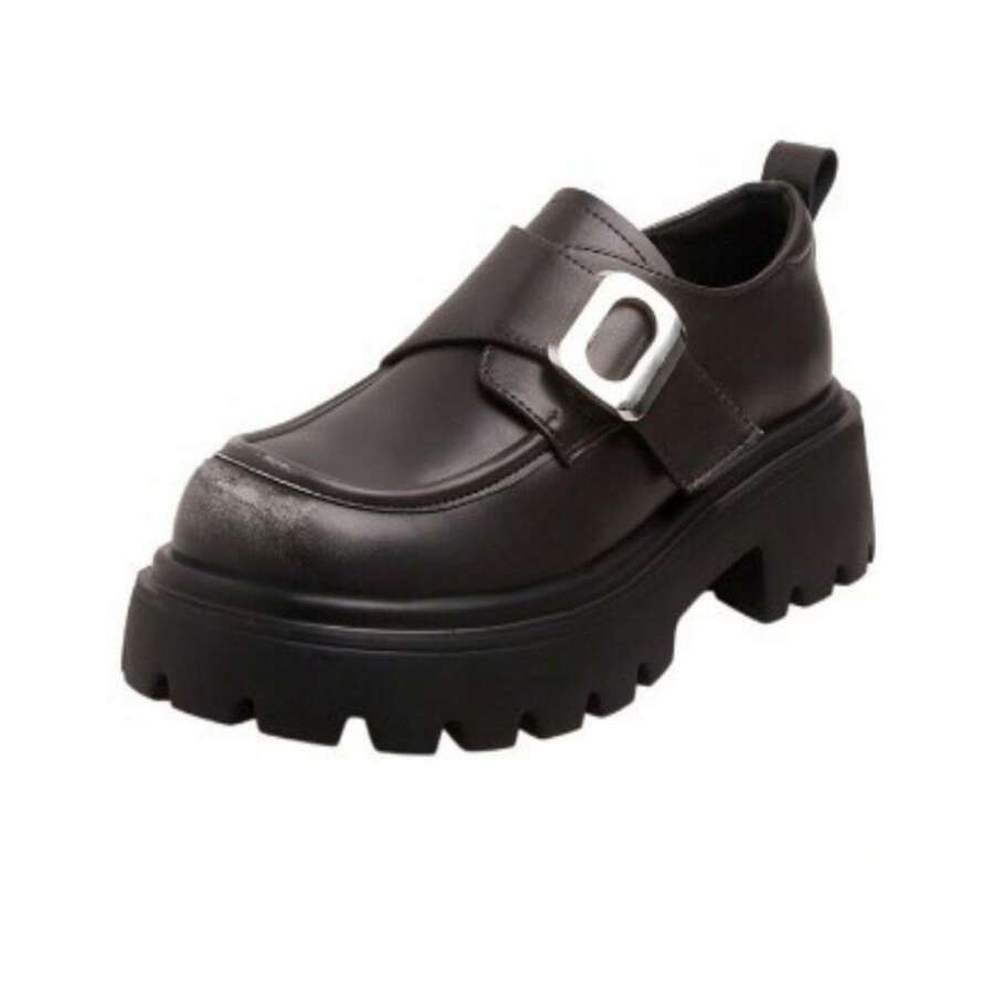 Autumn Women's Loafers With Thick Soles, British Style One-Foot Stirrup And Metal Buckle, Small Leather Shoes For Casual Fashion. - 灰色 - 查看 1