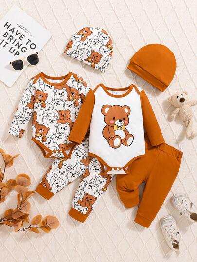 4pcs Baby Boy Winter Tiger Print Long Sleeve Set With Hat