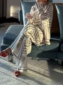 Nuevo conjunto de 2 piezas de pantalones largos y camisa con botones y estampado aleatorio, elegante y casual, adecuado para bodas - Albaricoque - Ver 2