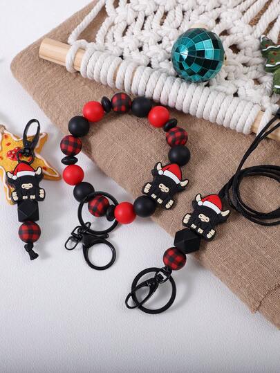 1 قطعة سلسلة مفاتيح هدية عيد الميلاد لاكسسوارات الحقيبة، معرف الطالب بها منظم مؤشر ، مزينة بقبعة سانتا من السيليكون الأسود الخرزي