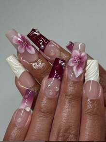 纯手工指甲 葡萄美学3D花朵指甲 露珠珍珠长棺材按压指甲 10片装假指甲 女士女孩日常佩戴美甲用品指甲 - 彩色 - 查看 2