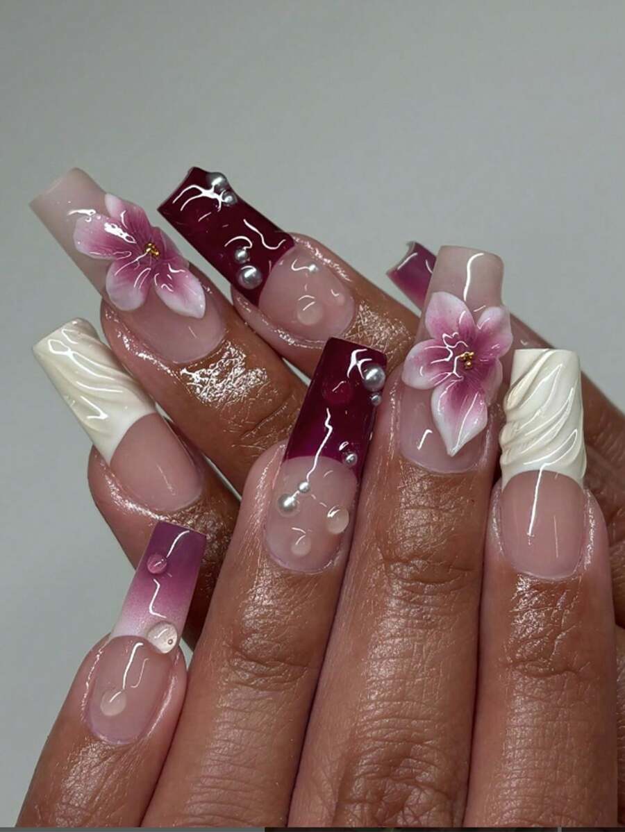 纯手工指甲 葡萄美学3D花朵指甲 露珠珍珠长棺材按压指甲 10片装假指甲 女士女孩日常佩戴美甲用品指甲