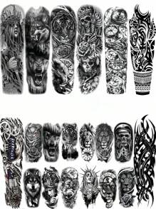 20 张 3D 监狱哥特式毛利袖纹身 8 张超长全袖 12 张黑狼虎狮手臂贴临时纹身成人假全臂袖纹身贴纸骷髅骨架 - 黑色 - 查看 2
