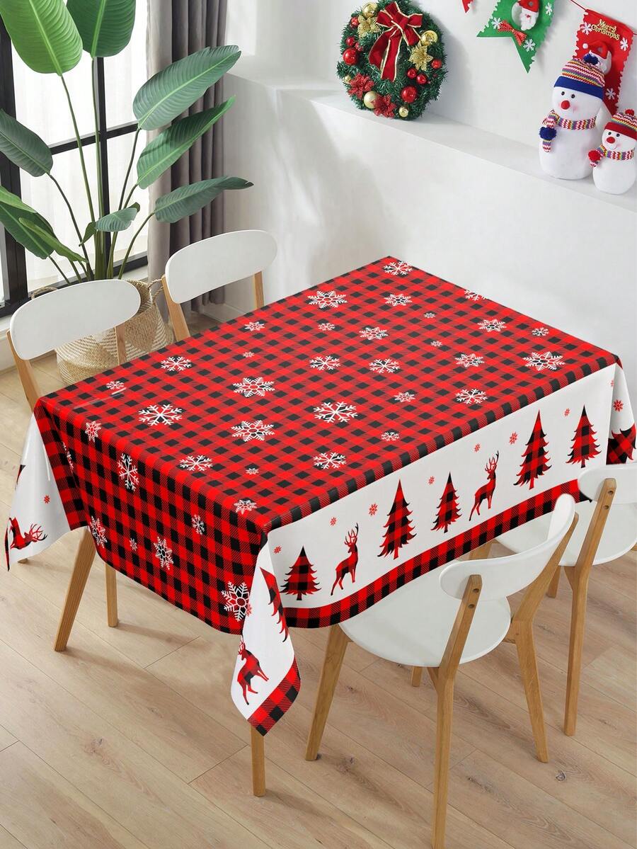 1 Stück Weihnachtstischdecke, rot-schwarzes kariertes Schneeflocken-Weihnachtsbaum-Tischdecke, Weihnachtsparty dekorative Tischdecke, fröhliche Weihnachten dekorativer Tischläufer, 2026 Neujahrs-Dekoration, Winterdekoration, Weihnachtsküchendekoration, Tischset Raumdekoration, Weihnachts-Tischrock für Zuhause, Weihnachts-Outdoor-Dekoration Einwegtischdecke, Dekoration, Weihnachtsparty-Geschenke