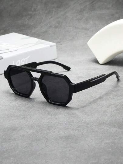 1pc Men's Double Bridge Square Frame Minimalist Stylish Glasses, Suitable For Driving, Travel, Casual, Vacation, Outdoor, Daily Use