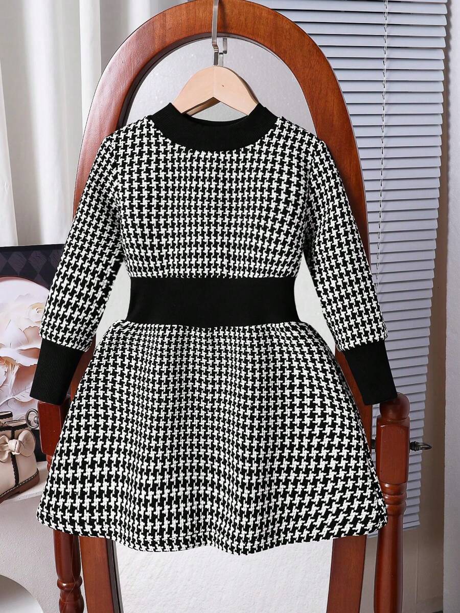 Vestido estilo vintage macio e confortável para meninas, manga longa, cintura marcada, primavera/outono; Vestido clássico com punho canelado e gola redonda para meninas; Roupa infantil minimalista versátil para lazer ao ar livre, moda feminina ativa e elegante, estação de outono - Multicolorido - Ver 1