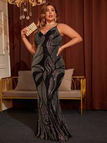 大码多色亮片 V 领吊带礼服、晚礼服，适合婚礼嘉宾、毕业典礼、晚宴 - 彩色 - 查看 2