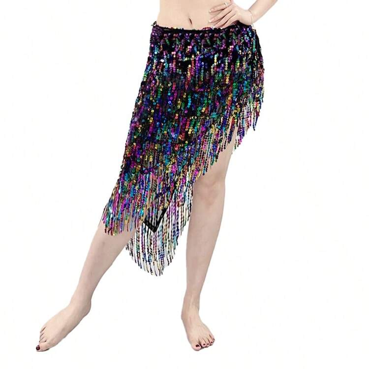 Nuevo Fular de cadera para danza del vientre con lentejuelas, cadena de cintura con flecos, adecuado para fiestas de danza y principiantes - Multicolor - Añade 9