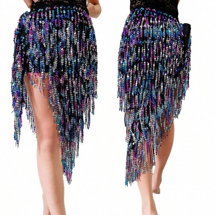 Nuevo Fular de cadera para danza del vientre con lentejuelas, cadena de cintura con flecos, adecuado para fiestas de danza y principiantes - Multicolor - Añade 7