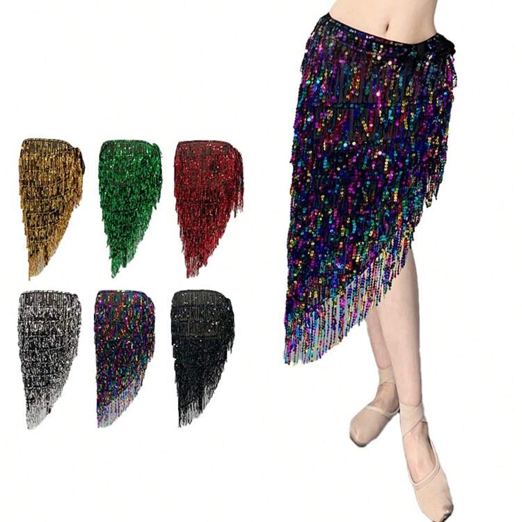 Nuevo Fular de cadera para danza del vientre con lentejuelas, cadena de cintura con flecos, adecuado para fiestas de danza y principiantes - Multicolor - Añade 2
