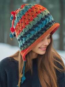 1 Bohemian Women's Rainbow Colored Knitted Hat, Autumn And Winter Tassel, Striped Crochet Knitted Hat, Is An Ideal Choice For Dressing Up Oneself