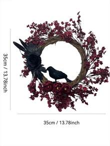 1pc Gothic Halloween Burgundy Rose & Crow Wreath, Artificial Vine Wreath For Door, Wall, Indoor Outdoor Decor - Burgundy - View 3