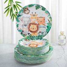 Juego de vajilla desechable con motivo de animales de la jungla, platos, servilletas y vasos de 7/9 pulgadas, regalos, suministros y decoraciones para fiestas de cumpleaños, platos, servilletas y vasos de papel desechables aptos para fiestas con tema de cumpleaños - Multicolor - Ver 4