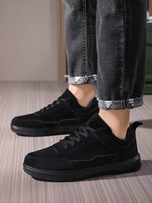 男士时尚系带皮革网眼拼接休闲运动鞋，百搭户外简约街头跑步高帮鞋 - 黑色 - 查看 7