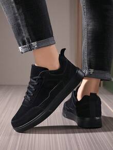 男士时尚系带皮革网眼拼接休闲运动鞋，百搭户外简约街头跑步高帮鞋 - 黑色 - 查看 8