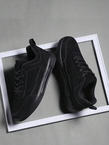 男士时尚系带皮革网眼拼接休闲运动鞋，百搭户外简约街头跑步高帮鞋 - 黑色 - 查看 3