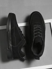 男士时尚系带皮革网眼拼接休闲运动鞋，百搭户外简约街头跑步高帮鞋 - 黑色 - 查看 6