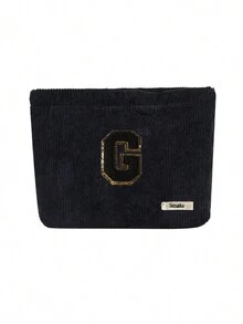 Túi cầm tay nhung kẻ, Túi đựng đồ trang điểm, Túi đựng đồ sọc đơn giản khi đi du lịch, Khăn đen thêu chữ A-Z, Ví đựng mỹ phẩm màu trơn, Túi đựng đồ trang điểm du lịch nhung kẻ dung tích lớn: Hoàn hảo cho việc làm đẹp khi di chuyển! Túi đựng đồ mỹ phẩm du lịch, Đơn giản và cao cấp, Đựng phụ kiện, Thích hợp để cất giữ trong ký túc xá, Du lịch, Đi công tác, Bơi lội, Đựng đồ tại nhà - màu đen - Xem 15