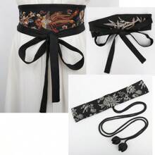 1 件女士传统中国风复古刺绣缎带腰带夏季、学校秋季、秋季、万圣节 - 黑色 - 查看 10