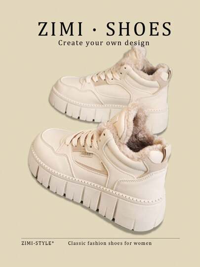 Women's Winter Plush 2024 New Korean Student Versatile Plush Warm High-Top Boots, Thick Sole Elevated Sporty Casual Shoes