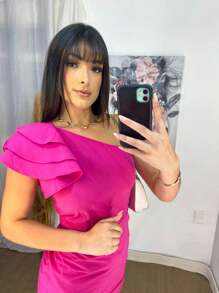 Bruna Dress With Elegant Single Sleeve Detail - Hot Pink - View 2