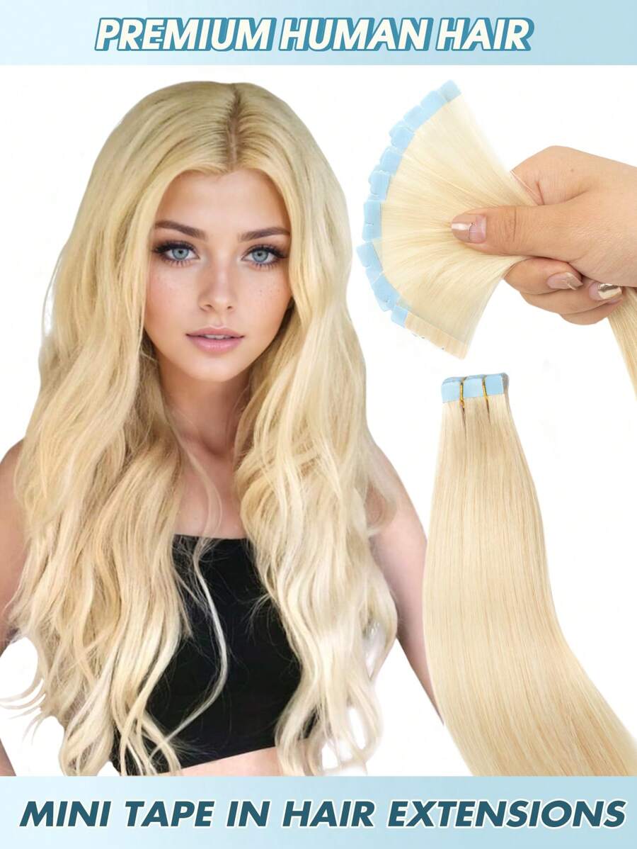 10片迷你胶带式接发，真人发丝，铂金色#60，14-22英寸，Remy真人发丝，双面隐形胶带