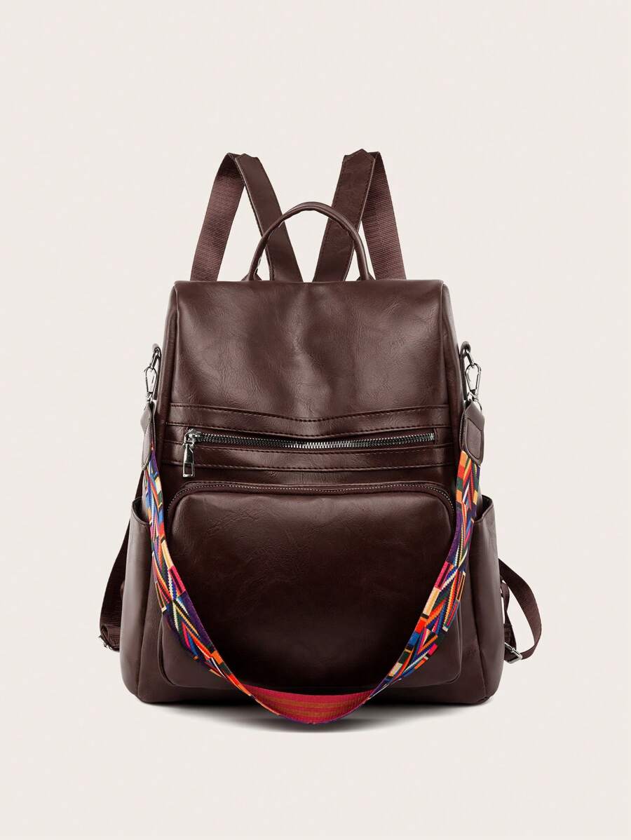 Backpack 2024 Women's Bag LARGE School Work Travel Synthetic Leather - 咖啡棕 - 查看 1