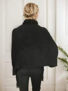 1 Piece Women's Elegant Classic Plush Collar Fringed Poncho Shawls, Warm Versatile Cardigan Shawl Cape For Fall/Winter - 黑色 - 查看 2