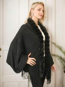 1 Piece Women's Elegant Classic Plush Collar Fringed Poncho Shawls, Warm Versatile Cardigan Shawl Cape For Fall/Winter - 黑色 - 查看 3