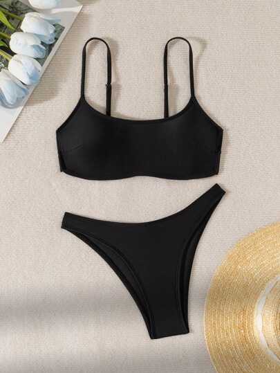 Conjunto de 2 piezas de bikini sexy negro para mujer, para el verano y las vacaciones en la playa