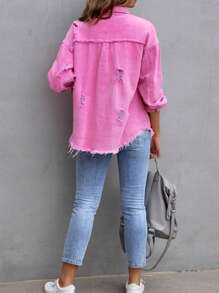 Women's Jeans Coat Ripped Distressed Denim Jacket Long Sleeve Button Down Boyfriend Jeans Coat Trucker Jacket - Pink - View 8