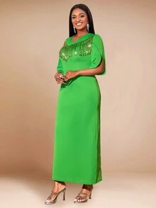 Women's Sparkle Sequin Fringe V-Neck Flare Sleeve Straight Dress, Elegant Cocktail Semi Formal Prom Dress, For Birthday, Wedding Guest, Graduation, Dinner, Homecoming