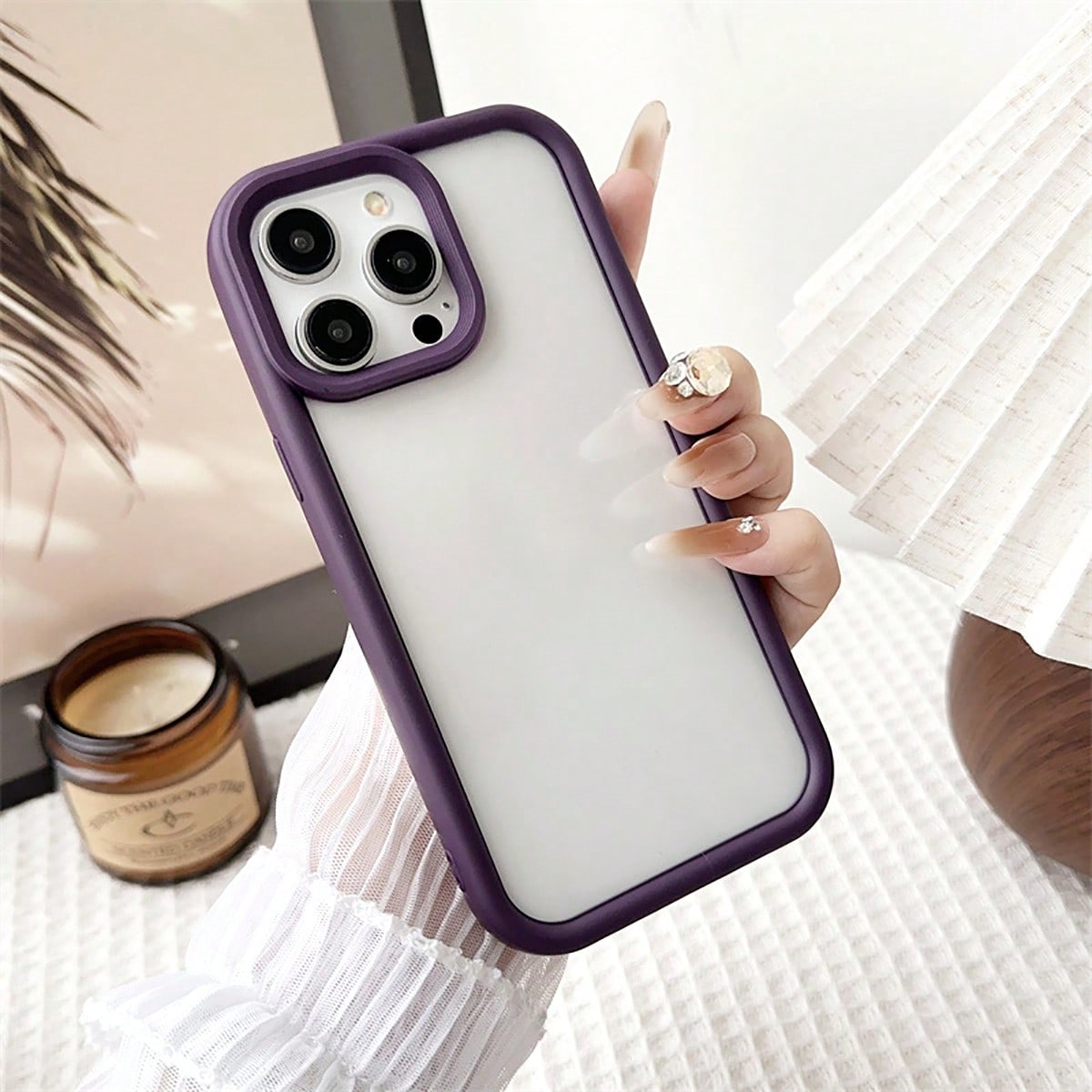Minimalist Solid Color Simple Transparent Acrylic Phone Case With Purple Bumper Frame Compatible With IPhone 17 Pro Max/17 Pro/17 Air/17/16 Pro Max/16/16 Pro/16 Plus/16E/15/15 Plus/15 Pro/15 Pro Max/11/12/13/14 Pro Max/11 Pro/11 Pro Max/12 Pro/12 Pro Max/13 Pro/13 Pro Max/7 Plus/14 Pro/14 Pro Max/14 Plus Hard Case Spring Gift Birthday Anniversary Party Pastel