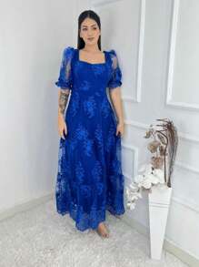 Luxury Long Dress Tulle Party Embroidered Short Sleeve - 寶藍色 - 查看 1