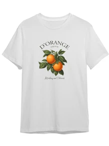 Women's 100% Cotton T-Shirt Minimalist Printed Orange T-Shirt - 白色 - 查看 2
