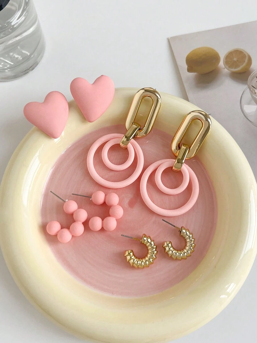 Bộ 4 đôi/bộ hoa tai thả tròn vàng thời trang, bộ trang sức hoa tai hạt tròn giản dị - Nhiều màu - Xem 1