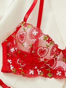 Nuevo conjunto de lencería sexy primavera/verano para mujer, sujetador de malla transparente con bordado de fresa y panty de talle bajo, estilo campestre dulce, ajustable, íntimo - Rojo - Ver 4