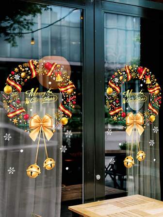 1 件圣诞花环 PVC 窗户贴膜，静电贴纸窗户贴纸，节日玻璃贴纸，卡通贴纸墙面装饰，圣诞节