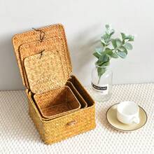 Cesta de almacenamiento tejida a mano con tapa, caja decorativa de sobremesa, regalo de artículos de papelería, tejido de ratán y mimbre, caja de regalo de boda - Caja de almacenamiento cuadrada naranja con tapa - Ver 3