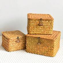 Cesta de almacenamiento tejida a mano con tapa, caja decorativa de sobremesa, regalo de artículos de papelería, tejido de ratán y mimbre, caja de regalo de boda - Caja de almacenamiento cuadrada naranja con tapa - Ver 6