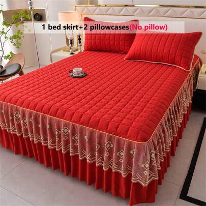 3 件套绗缝床裙套装（1 件床裙 + 2 件枕套），蕾丝边装饰，时尚优雅，吸湿排汗透气抗皱静音，易于拆卸床垫套