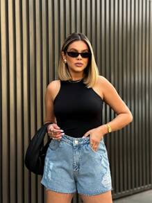 Women's High Waist Jeans Shorts Midi Skirt Colorful Ripped Skirt 131 - Rửa trung bình - Xem 3