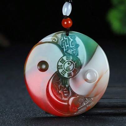 1pc Natural Green Jade Taiji Eight Gossip Pendant, Jewelry High Jewelry Lucky Peace Charm Necklace, Charm Jade Pendant, Rectangular Brand Pendant, Hand-Carved, Gem Pendant, Quartz Crystal Necklace, Couple Necklace, Gift For Her, Suitable For Holiday Party Gifts, Quartz Crystal Gifts.