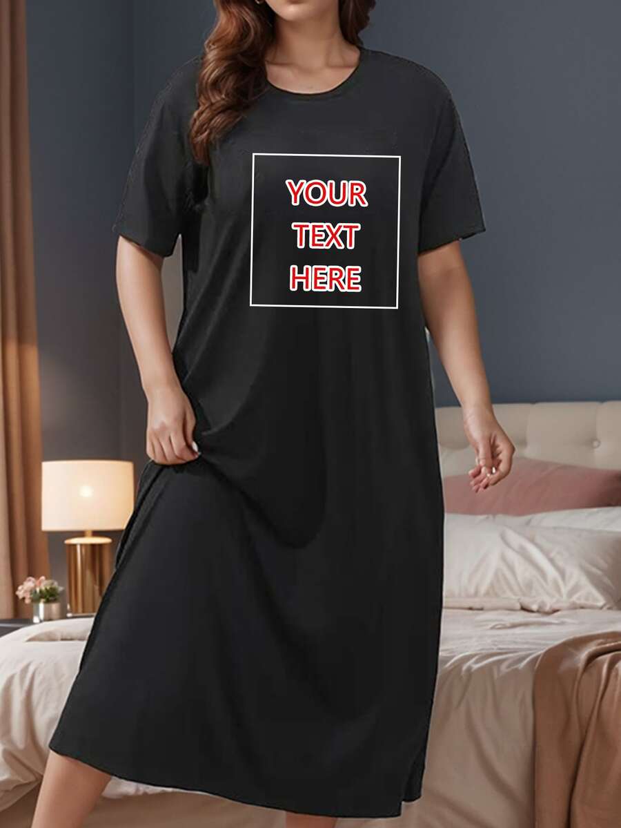 Customized Text Women Plus Size Long Dress, Your Personalized Text/Name/Christmas/Valentine's Day Blessing Design On The Front Of The Dress, Birthday/Anniversary/Party Commemorative/Birthday Gift Customized Text - Black - View 1