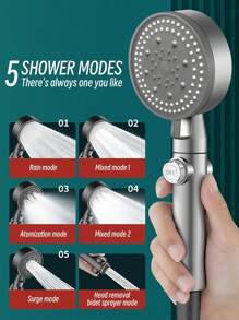 1 件加压手持淋浴喷头，5 种模式可调节水量淋浴喷头，一键止水淋浴喷头，浴室淋浴喷头，淋浴喷头，浴室五金，浴室配件 - 灰色 - 查看 2